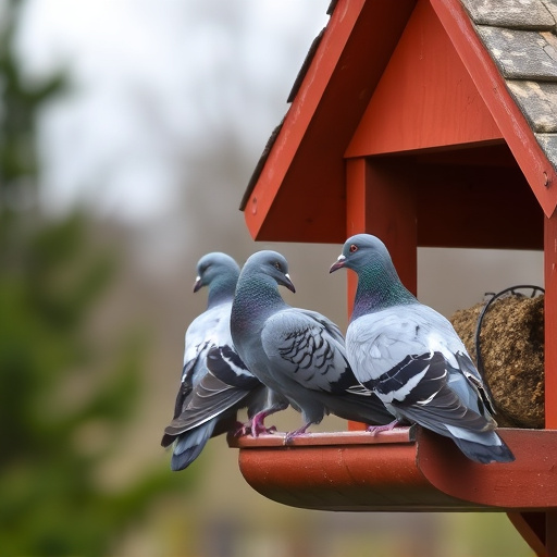Pigeons perched near protected feeder