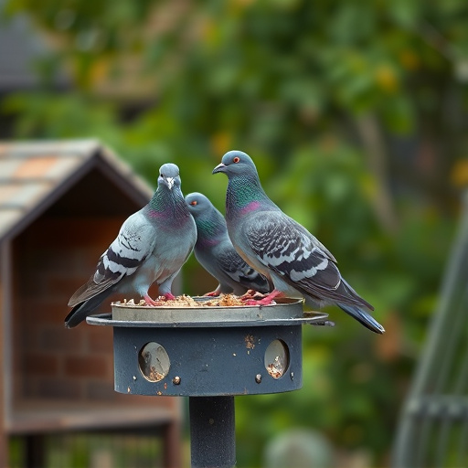 Pigeons perched near protected feeder