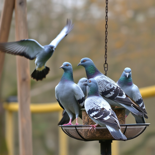 Pigeons perched near protected feeder