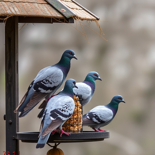 Pigeons perched near protected feeder