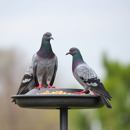 Pigeons perched near protected feeder