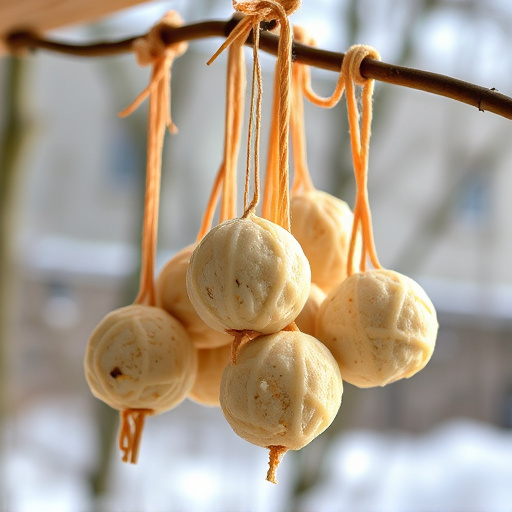 Processed suet balls hanging outside