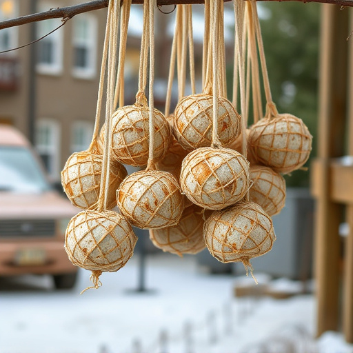 Processed suet balls hanging outside