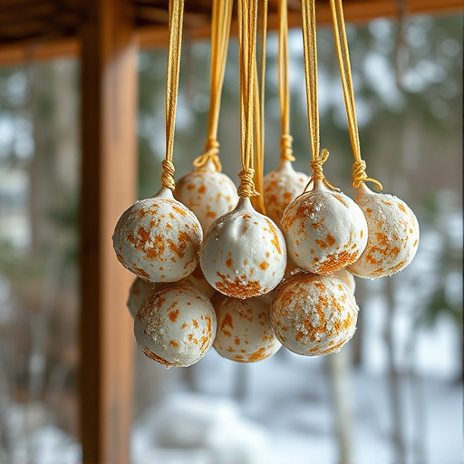 Processed suet balls hanging outside