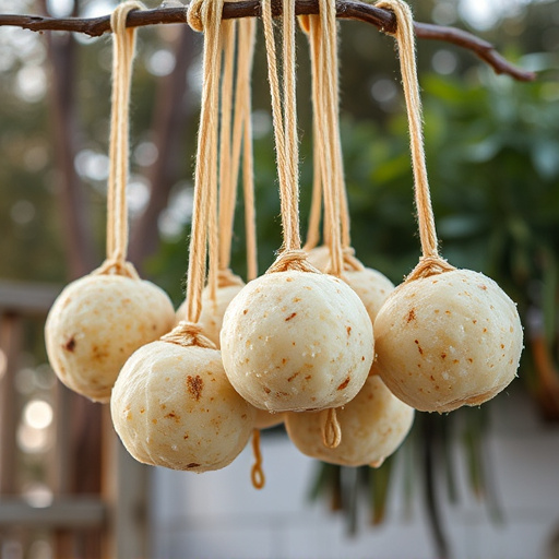 Processed suet balls hanging outside