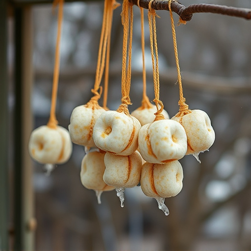 Processed suet balls hanging outside