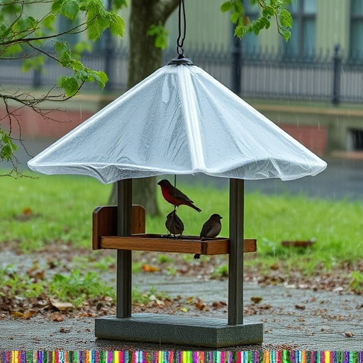 Rain cover sheltering ground bird feeding station