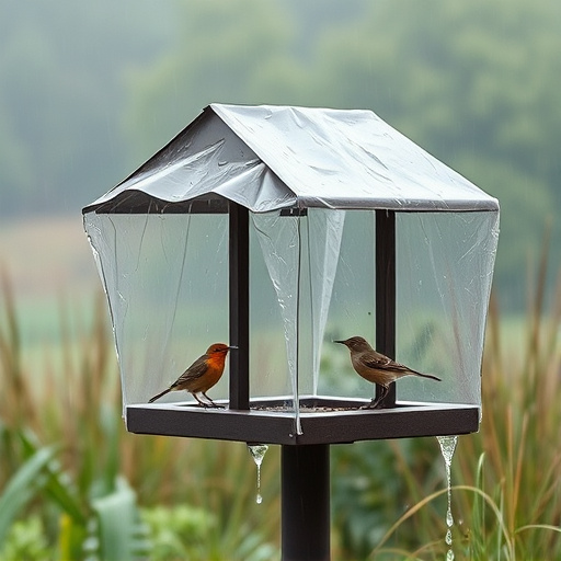 Rain cover sheltering ground bird feeding station