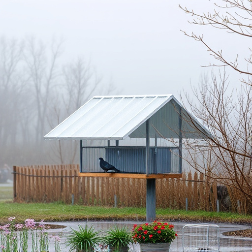 Rain cover sheltering ground bird feeding station
