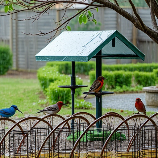 Rain cover sheltering ground bird feeding station