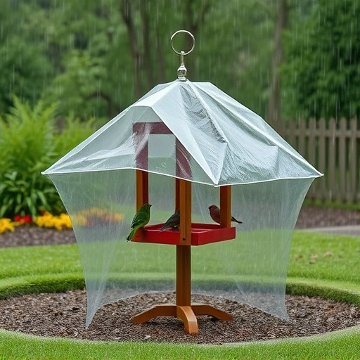 Rain cover sheltering ground bird feeding station