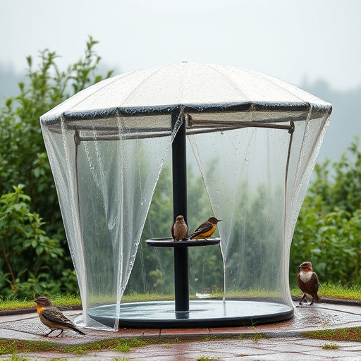 Rain cover sheltering ground bird feeding station