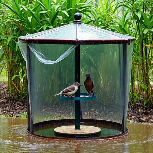 Rain cover sheltering ground bird feeding station