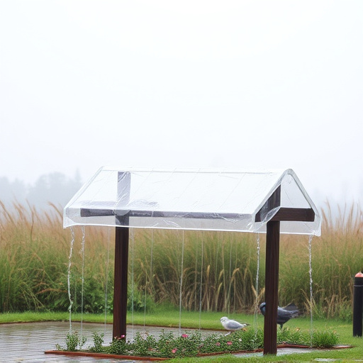 Rain cover sheltering ground bird feeding station