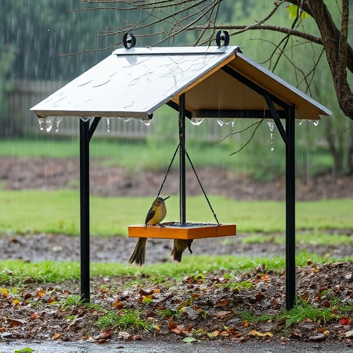 Rain cover sheltering ground bird feeding station