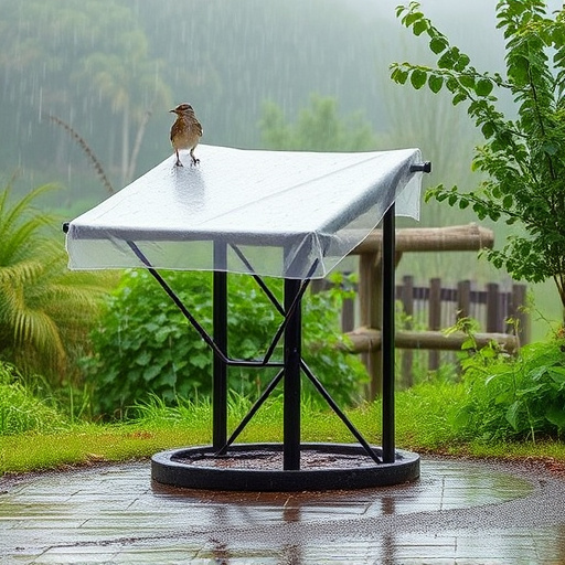 Rain cover sheltering ground bird feeding station