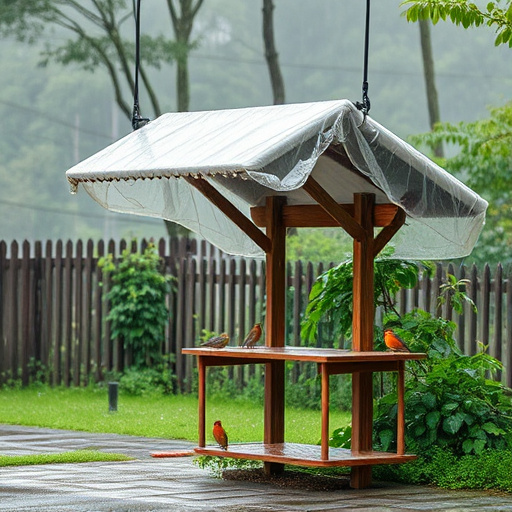 Rain cover sheltering ground bird feeding station