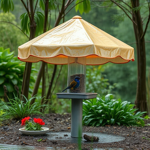 Rain cover sheltering ground bird feeding station
