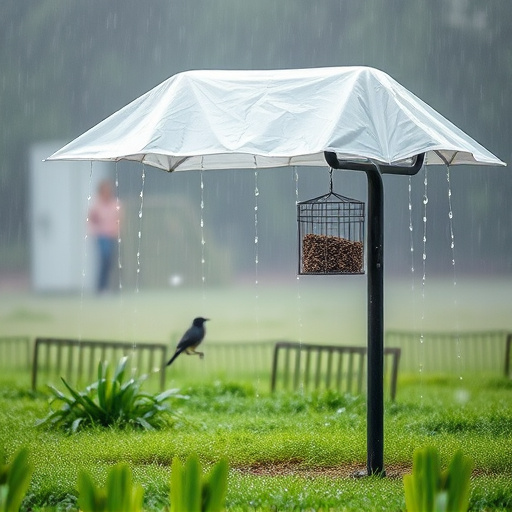 Rain cover sheltering ground bird feeding station