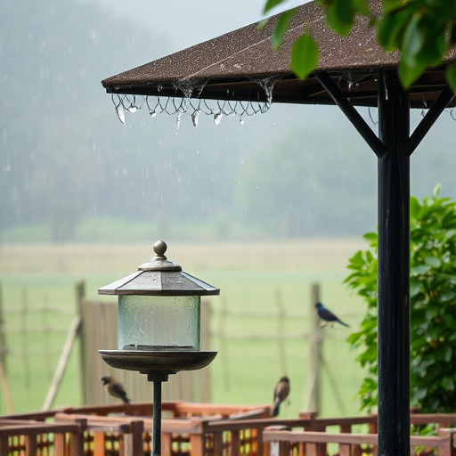 Rain cover sheltering ground bird feeding station
