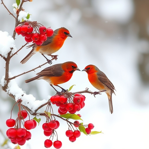 Redwings feeding on berries in snow