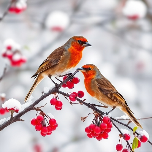 Redwings feeding on berries in snow
