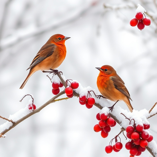 Redwings feeding on berries in snow