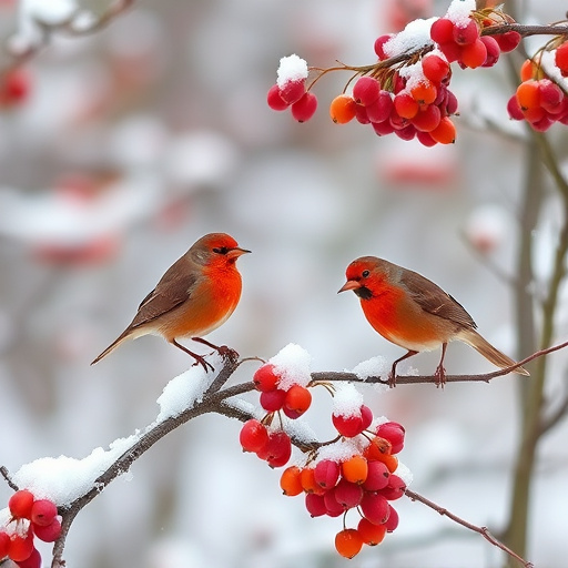 Redwings feeding on berries in snow