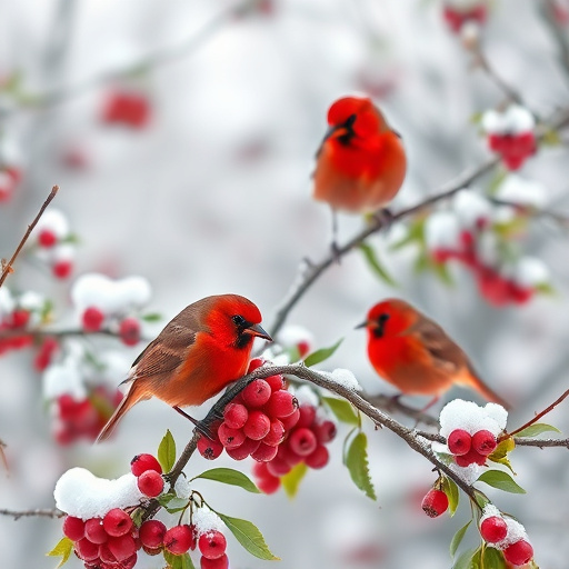 Redwings feeding on berries in snow