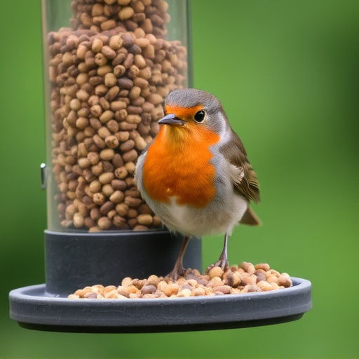 Robin eating from suet pellet feeder