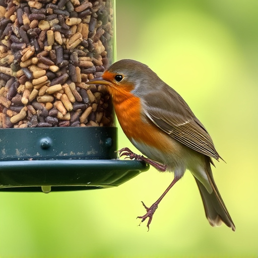 Robin eating from suet pellet feeder