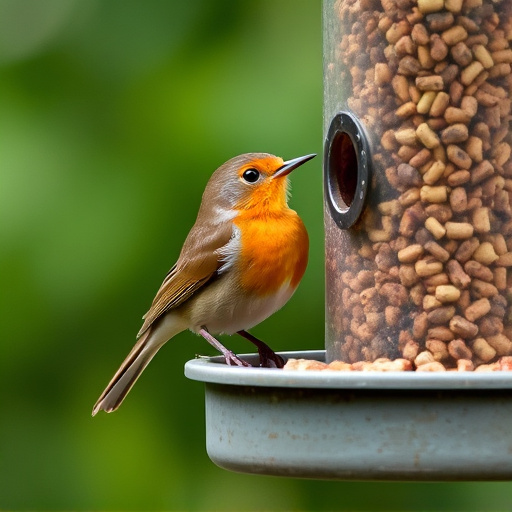 Robin eating from suet pellet feeder