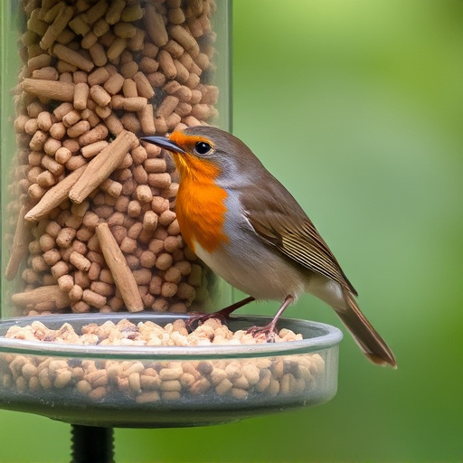 Robin eating from suet pellet feeder