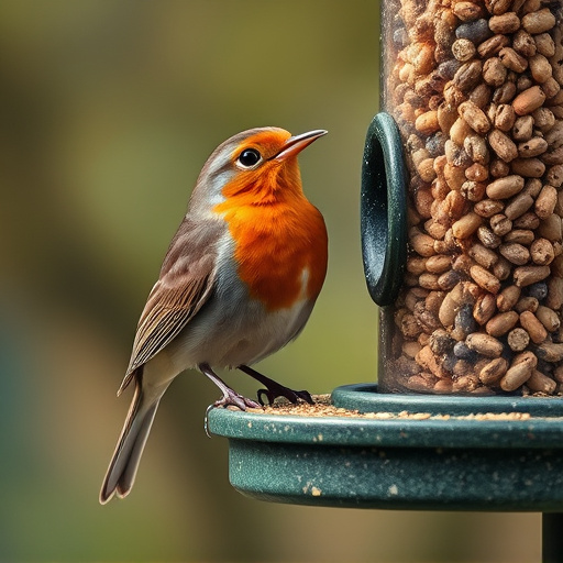 Robin eating from suet pellet feeder