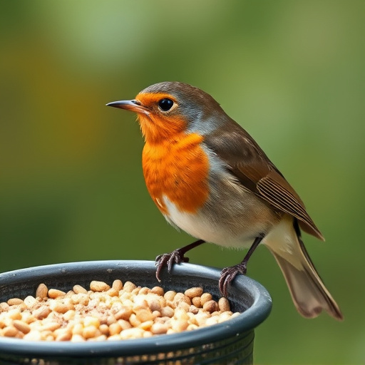 Robin eating from suet pellet feeder