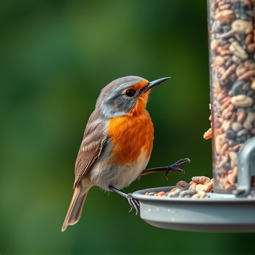 Robin eating from suet pellet feeder