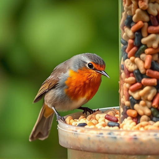 Robin eating from suet pellet feeder