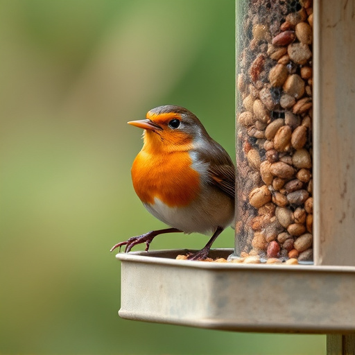 Robin eating from suet pellet feeder