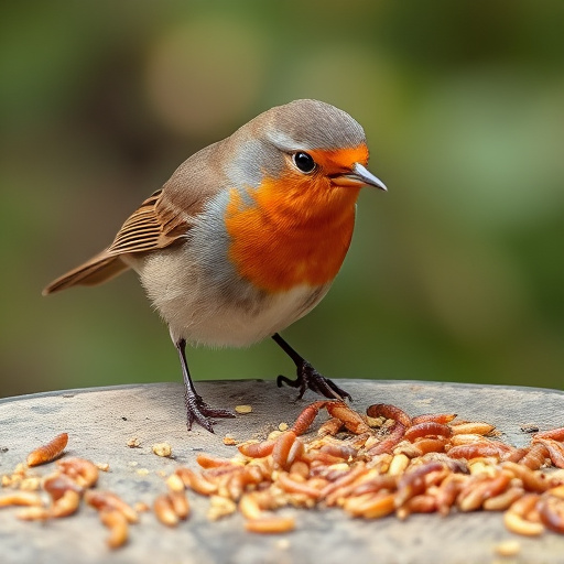 Robin eating mealworms from bird table