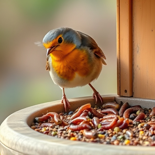 Robin eating mealworms from bird table