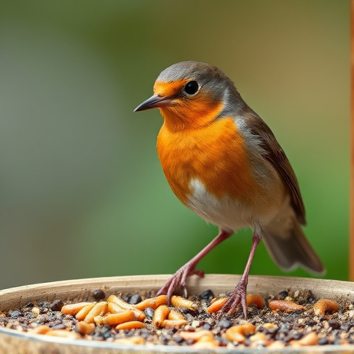 Robin eating mealworms from bird table