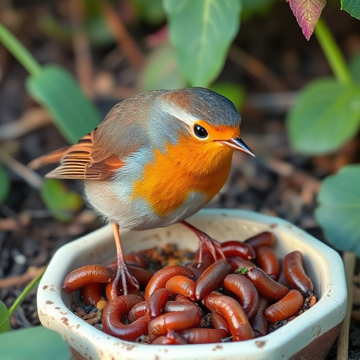 Robin eating mealworms from garden dish