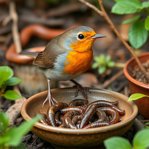 Robin eating mealworms from garden dish