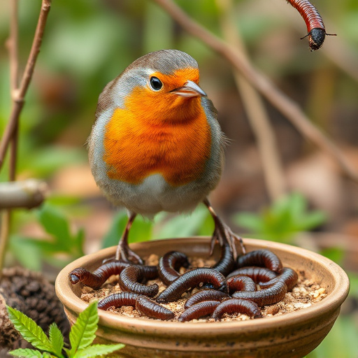 Robin eating mealworms from garden dish