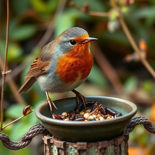 Robin eating mealworms from garden dish