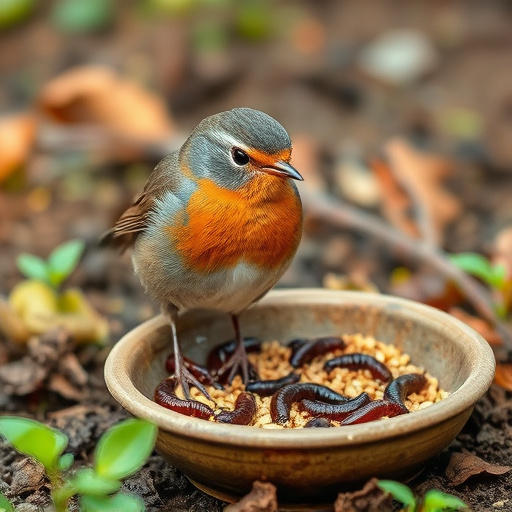 Robin eating mealworms from garden dish