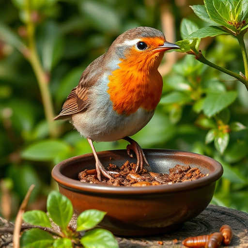 Robin eating mealworms from garden dish