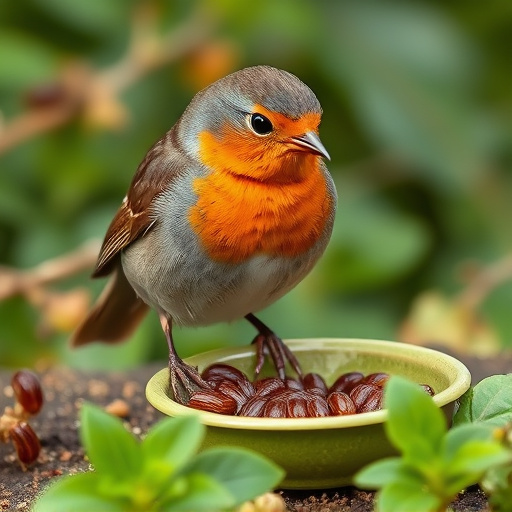 Robin eating mealworms from garden dish