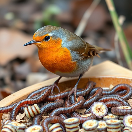 Robin eating mealworms from garden dish