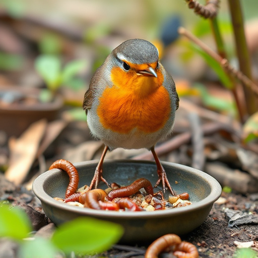 Robin eating mealworms from garden dish